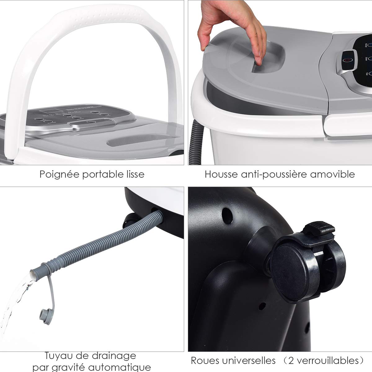 GOPLUS Bain de Pied Massant Chauffant avec Lumière Rouge et Fonction de Douche, Vibrant avec Bulles, Bain de Pieds Électrique avec Température et Temps Ajustable, 6 Rouleaux de Massage, 4 Roues (Gris)