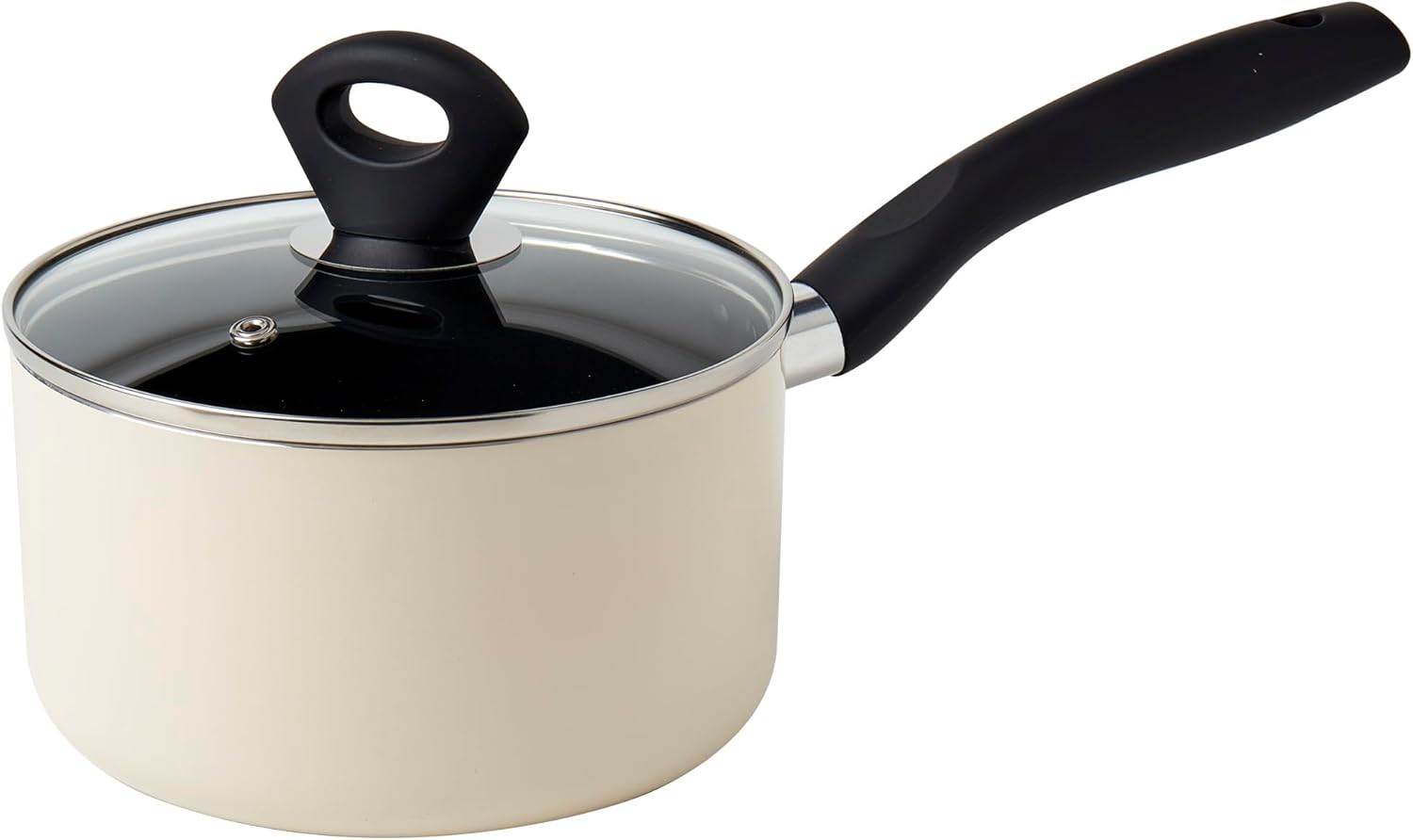 Basic Essentials 4-Piece Nonstick Aluminum Starter Cookware Set, Fry Pan Skillet Saucepan Pot with Glass Lid and Nylon Spatula Turner, Cream White