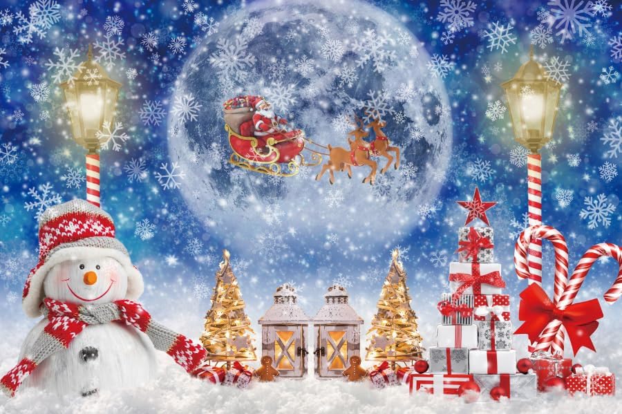 Miniatura 4 de Telón de fondo de Navidad de 10 x 8 pies para sesión de fotos, muñeco de nieve de invierno, luna llena, noche de Papá Noel, fondo de Papá Noel para