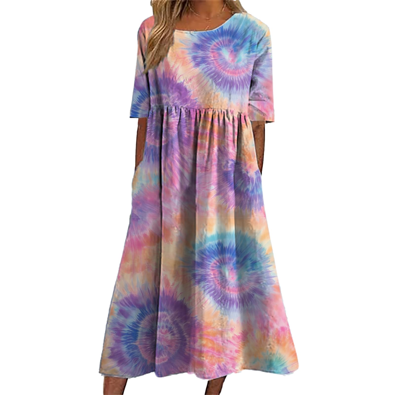 DMOYALA Tie Dye Summer Midi Dresses for Women Short Sleeve Boho Floral Dress Loose Beach Vacation Sundresses with Pockets