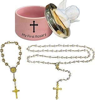 My First Rosary with Ceramic Keepsake Box, Baptism Rosary for Girls, Catholic Baptism Gifts for Girls, Shower Rosary Beads, Used for Newborn Baptism Ceremony(Pink)