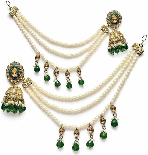 Traditional Kundan Pearl Jhumka Earrings with Juda Chain for Women &amp; Brides | Gold Plated Ethnic Earrings with Red Stones...