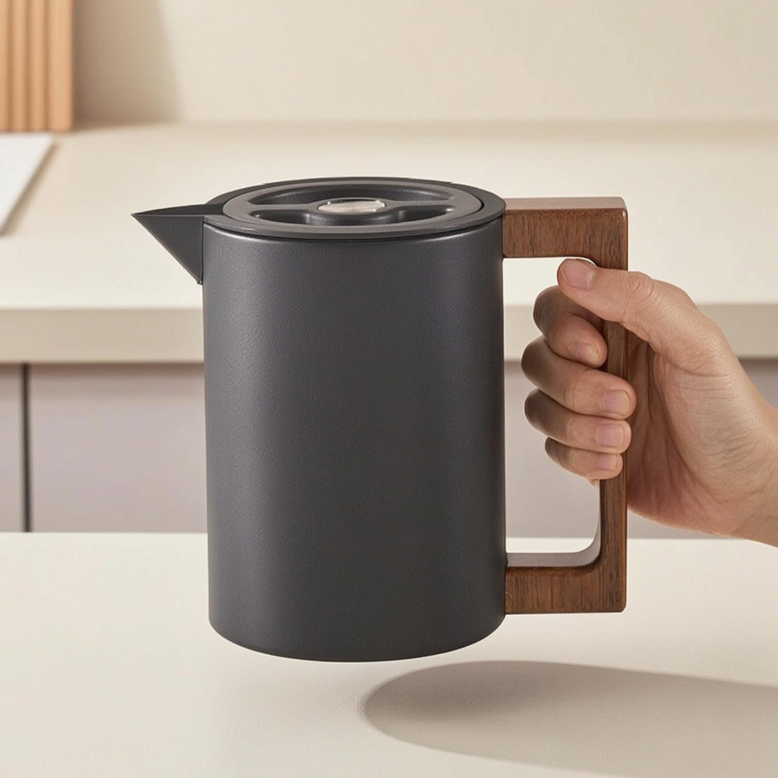 Jarra Térmica con Mango Mantiene Caliente y Frío Jarra Térmica Portátil Recipiente para Cocina, Negro, 1.0L