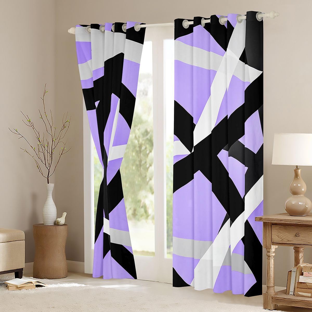 jejeloiu Black Purple Curtains for Bedroom Living Room Geometric Blackout Shades Stripe Line Room Darkening Curtain Modern Abstract Window Treatments, 2 Panels 52 x 84 Inch Decor image 3