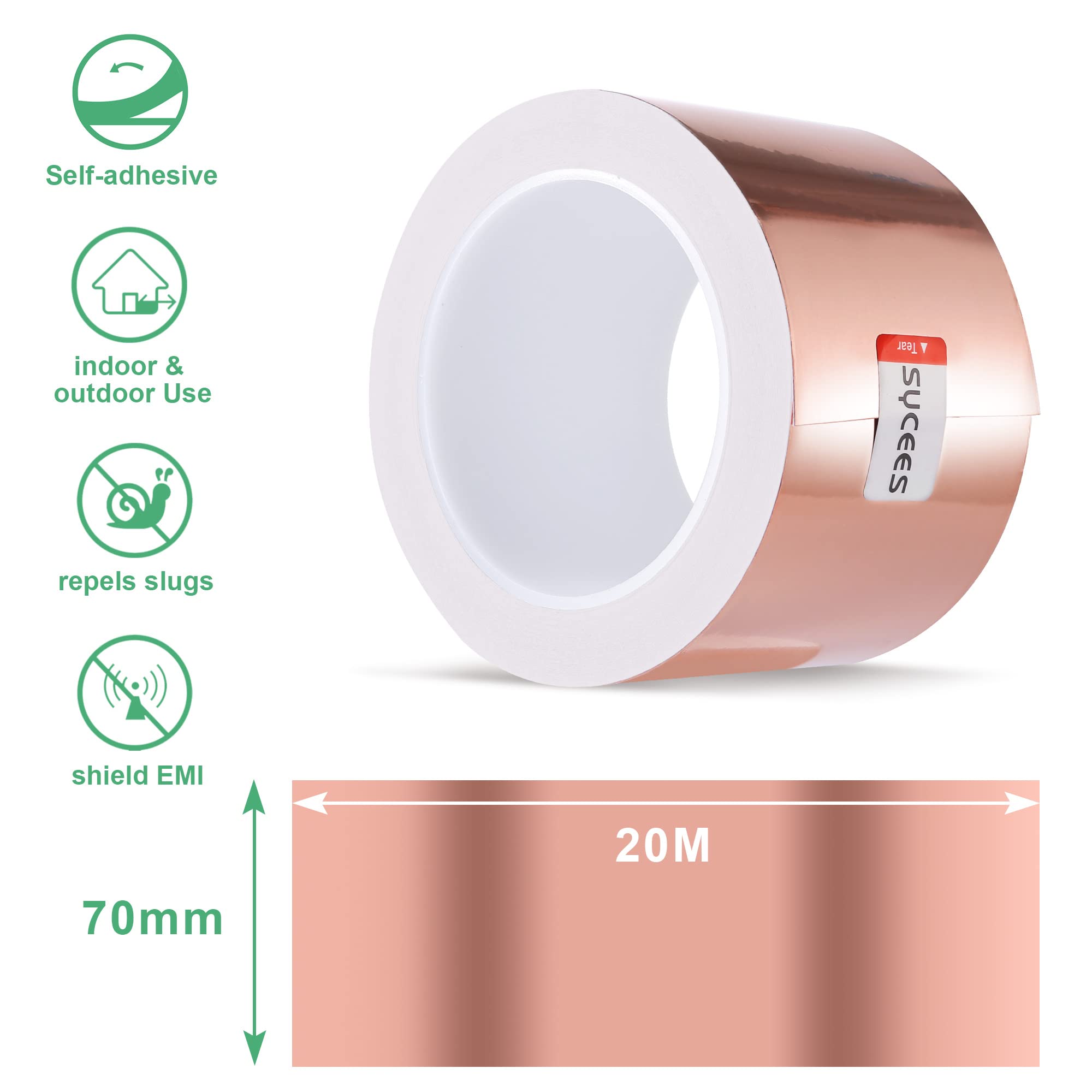 20m x 70mm Ruban Adhésif Feuille de Cuivre Bande Anti-Limaces, Escargot EMI Kapton Autocollant Garde Réparations Electriques Mise à la Terre