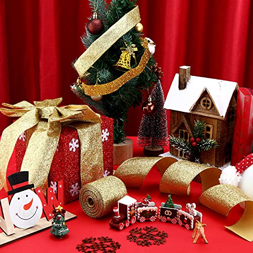 2 Rolls 20 Yards Christmas Ribbon Metallic Glitter Ribbon Wired Edge Decorative Fabric Ribbons For Party Wrapping Home Decorations Wedding Birthday Diy Crafts 2.5 Inch (Gold) #TOP3