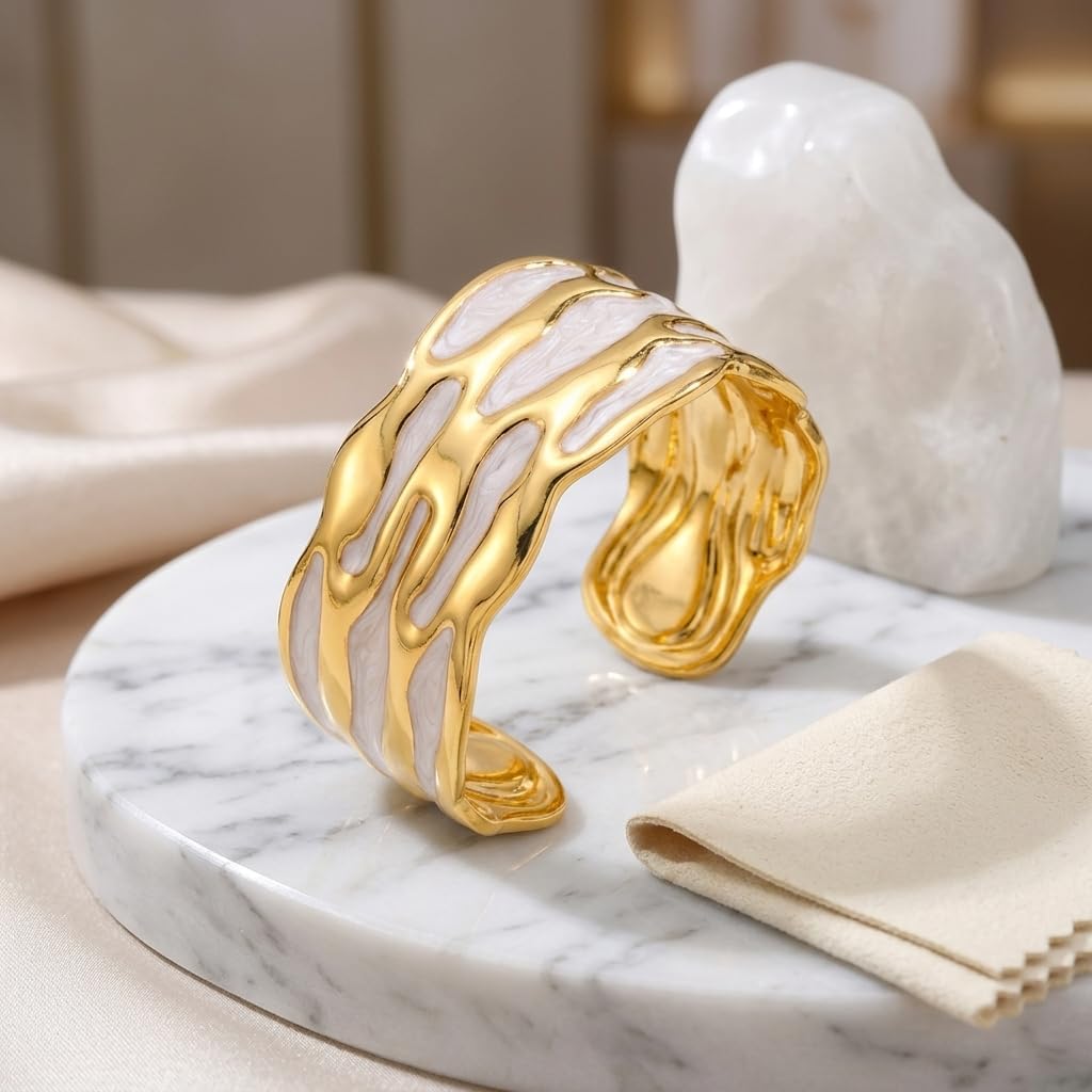 18K Gold Plated White Enamel Cuff Bracelet for Women