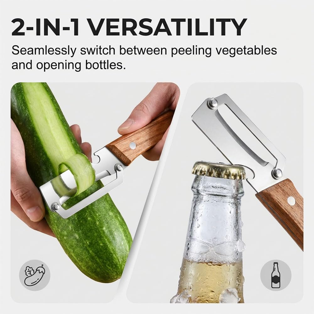 Vegetable Peeler for Kitchen, 2026 New Multi-Functional Vegetable Peeler with Wooden Handle and Bottle Opener, 2-in-1 Stainless Steel Kitchen Tool For Vegetables or Fruits (1 Pcs) - 5