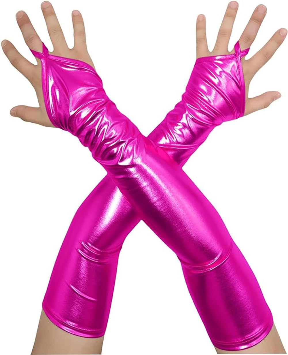 Men's and Women's Shiny Metallic Wet Look Holographic Fingerless Costume Gloves for Evening Party Cosplay Night Club