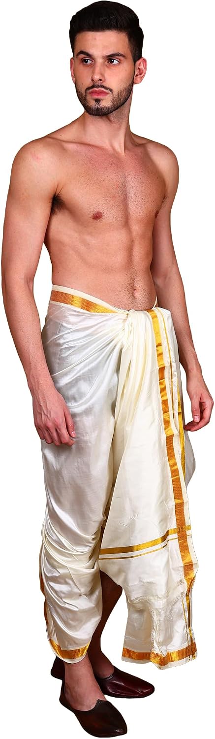Exotic India Men's Pure Silk Dhoti With Zari Woven Golden Border from Kumbakonam Religious Dhoti for Pooja