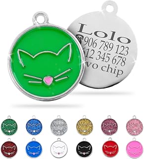 Ibera Gifts - Chapa Identificativa Gato en Forma Redonda con Cara de Gato, Chapa Nombre Gato para Gatos de Todos los Tamaños, Metal de Aleación, Collar Gato Personalizado (Verde)
