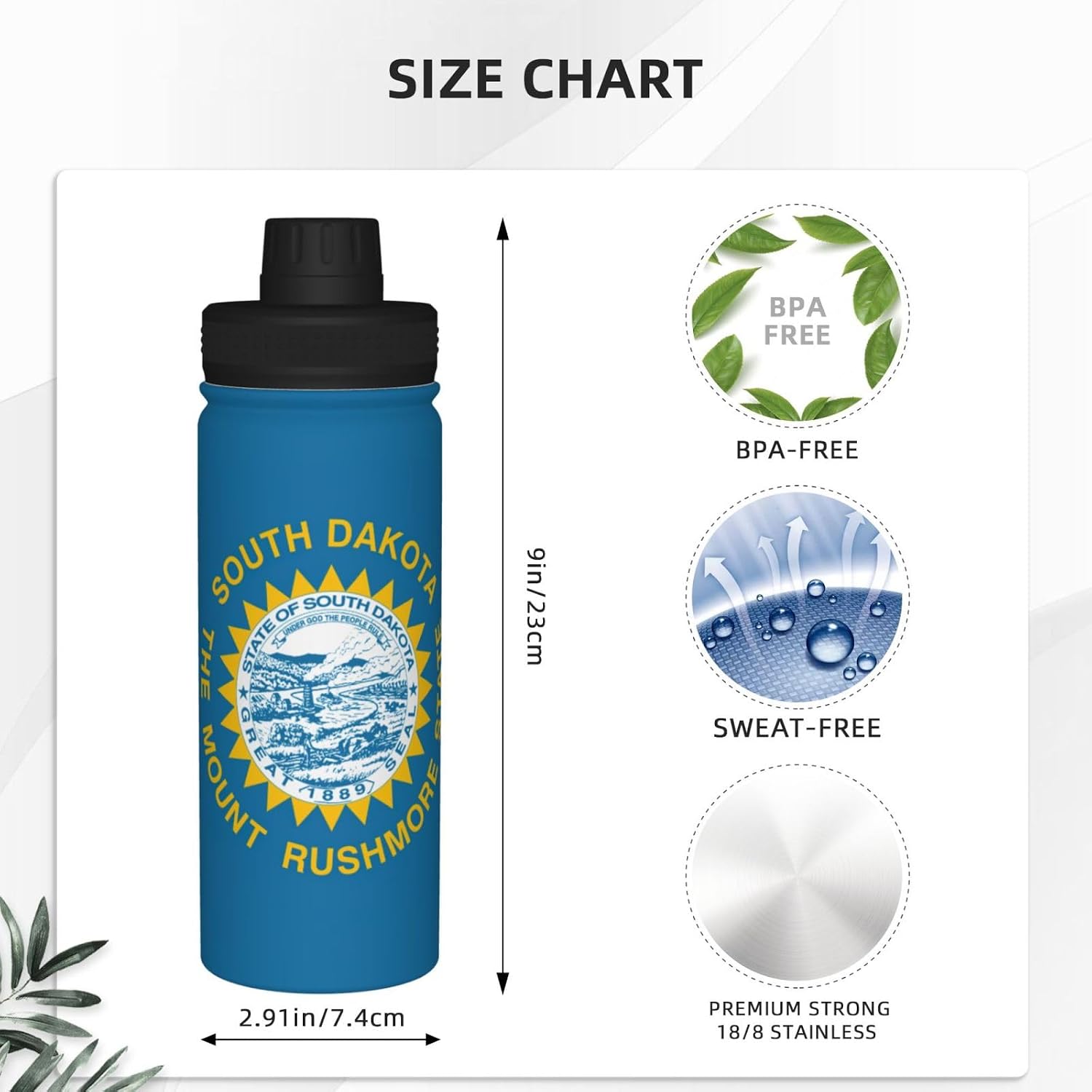 South Dakota Flag Printed Vacuum Insulated Water Bottle, 18OZ Stainless Steel Kettle, Single-Hand Operation Lid