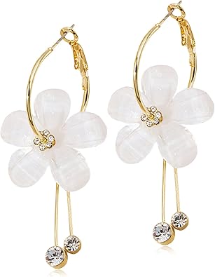 Elegant Romantic Bohemian Crystal Acrylic Rose Flower Dangle Drop Earrings Five Leaves Exaggerated Round Hoop long Tassel Earring for Women Statement Jewelry Gifts