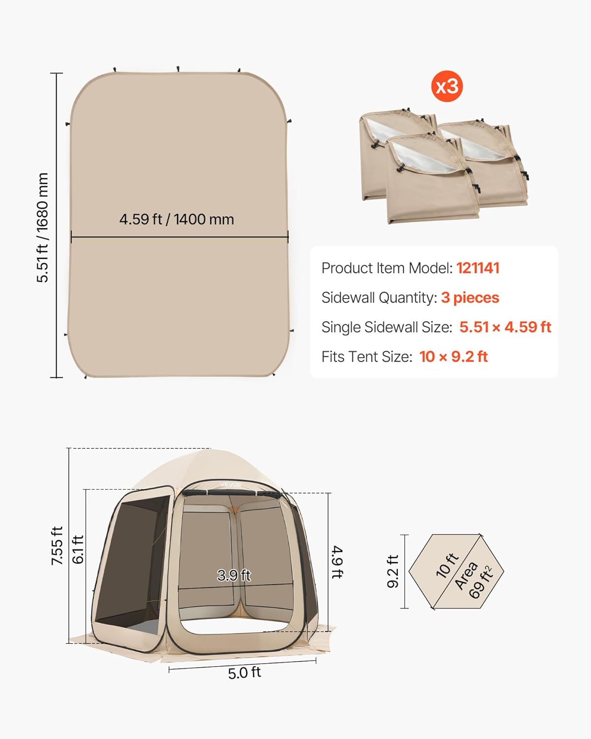 VEVOR Sidewalls for Screen House Gazebo, for VEVOR 10 x 9.2 ft Screen House Tent, Sun Protection, 5.51 x 4.23 ft 300D Oxford Silver-Coated Fabric, Pack of 3 (Not Include Tent), for Outdoor Activities