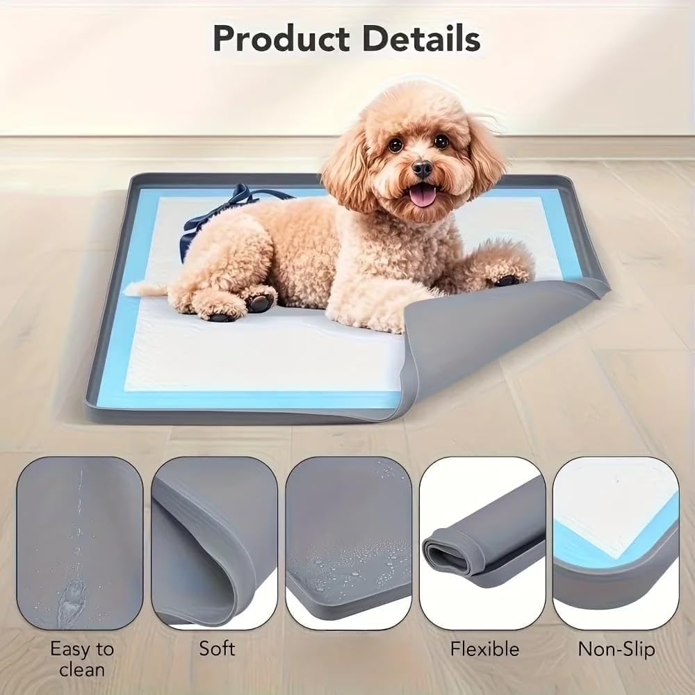 Gray Silicone Dog Pee Pad Holder, Fits 24"x24" Training Pads, Non-Slip High Edge Tray for Puppy Potty Training, Easy Clean