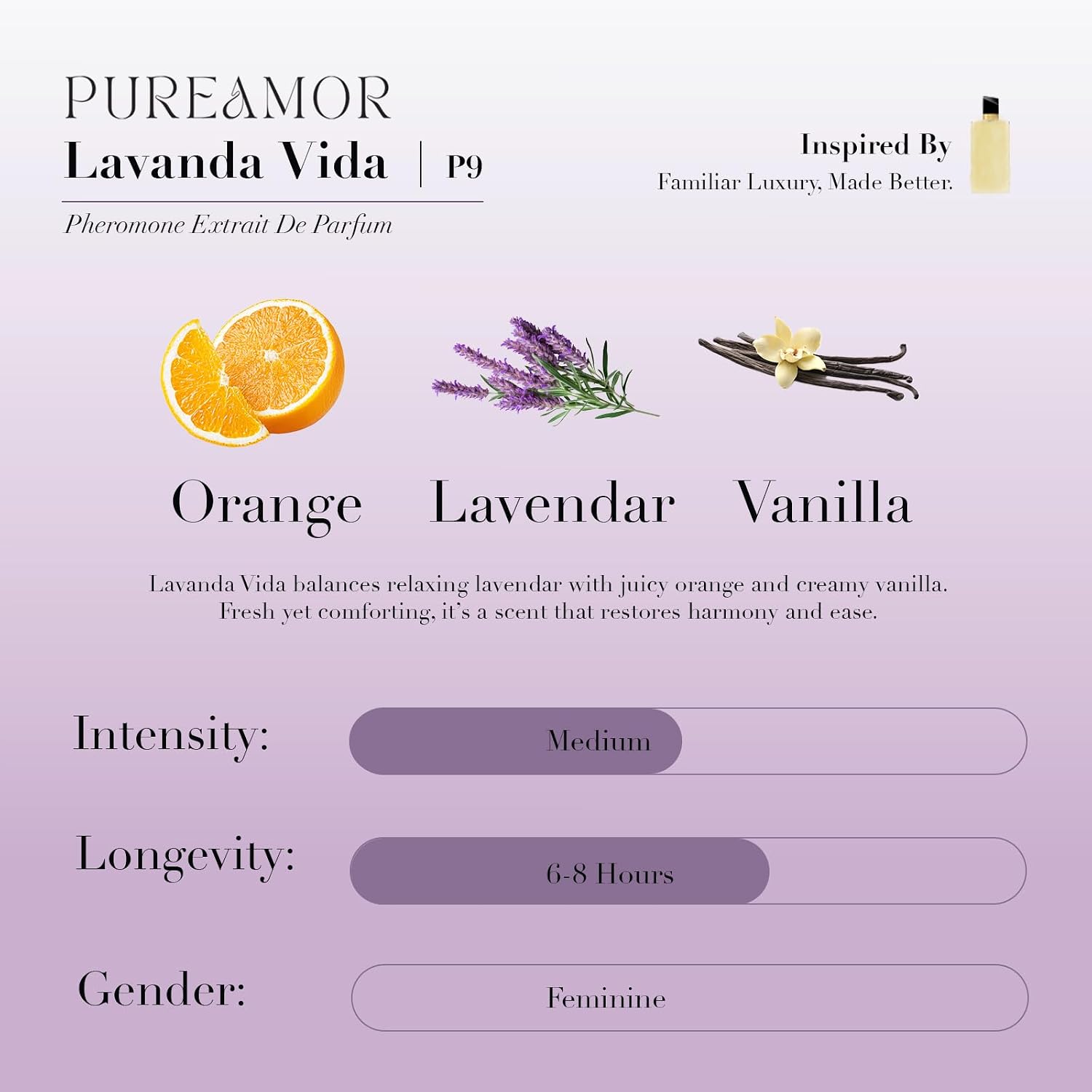 PUREAMOR Pheromone Perfume for Women, Lavanda Vida Eau de Parfum – Bold Floral Scent with Lavender, Orange Blossom & Vanilla, Long Lasting Fragrance, 0.4 oz / 12 ml Travel Size