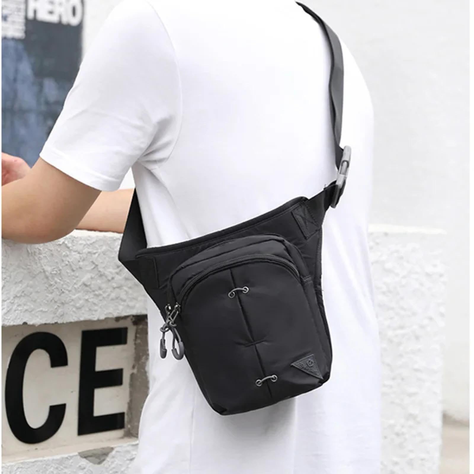 Riñonera Hombre Drop Leg Bag Cintura Viaje Nylon Cinturón Masculino Bolsos De Cadera Cruzados Negro