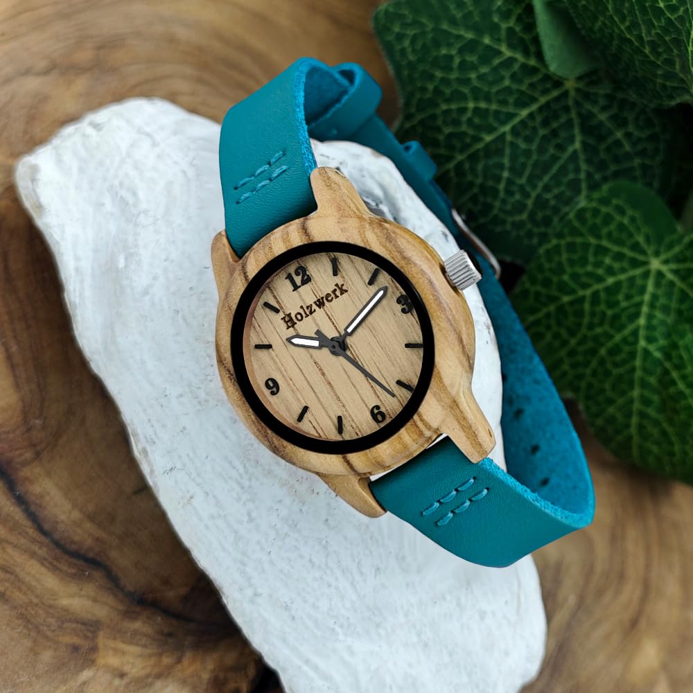 Holzwerk Germany Handgefertigte Kleine Öko Damen-Uhr Öko Natur Holz-Uhr Leder Armband-Uhr Analog Klassisch Quarz-Uhr in Schwarz Braun Rot Blau Türkis