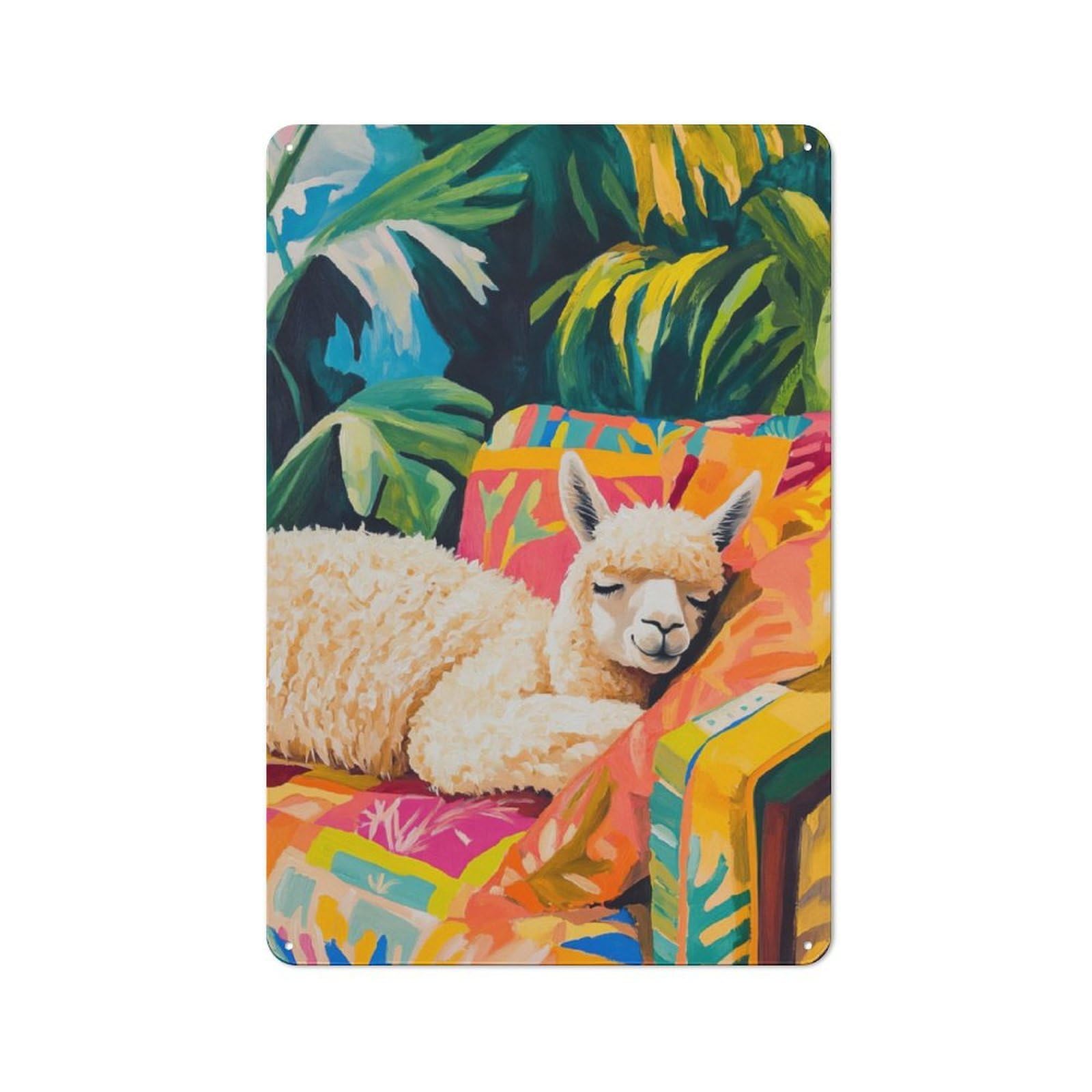 Junmoney Sleeping Alpaca In Tropical Paradise Tin Wall Plaque 30X20cm With For Café Or Home Bar, New-Space Wall Decor For Hospitality Decor Collectors