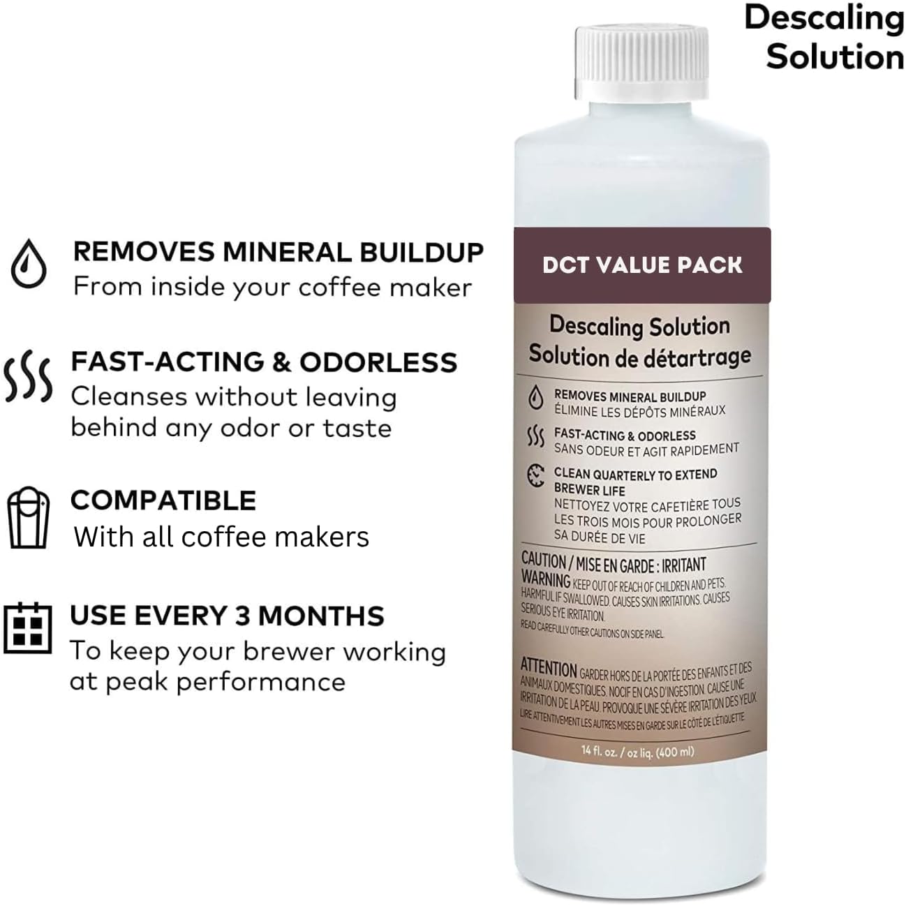 Descaling Solution Pack of 3 (14 fl oz Each) for Single Serve Coffee Machines with Complimentary Direct Coffee Tea Est 2019 Brand Sticker