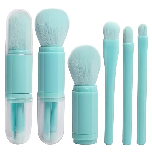 Travel Makeup Brush Set with case, 4 in 1 Mini Cute Makeup Brush Retractable Professional Foundation Blending Powder Eye Shadow Brush for Women Facial Cosmetics Makeup Brush Set(Blue)