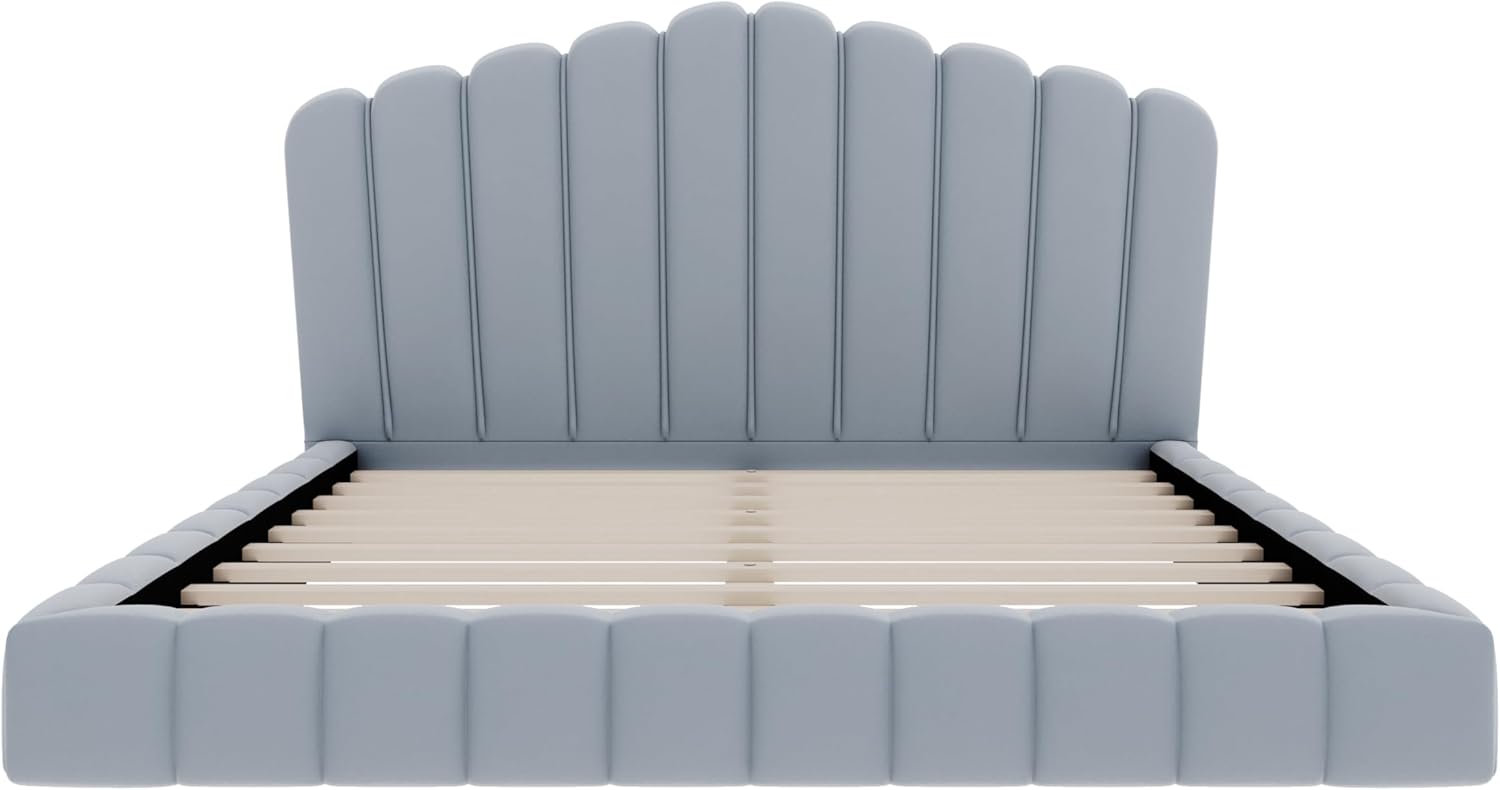 Velvet Upholstered Platform Bed Frame Queen Size, Shell-Shaped Soft Bedframe with Headboard, No Box Spring Needed, Easy Assembly with Instructions and Tools, Light Blue