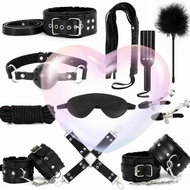 ZeeKoug Moda 11 Piezas De Cuero Pareja De Entrenamiento De Fitness Conjunto con DiversióN Raqueta Accesorios De Manguito Ajustable, Regalo Original (Negro)