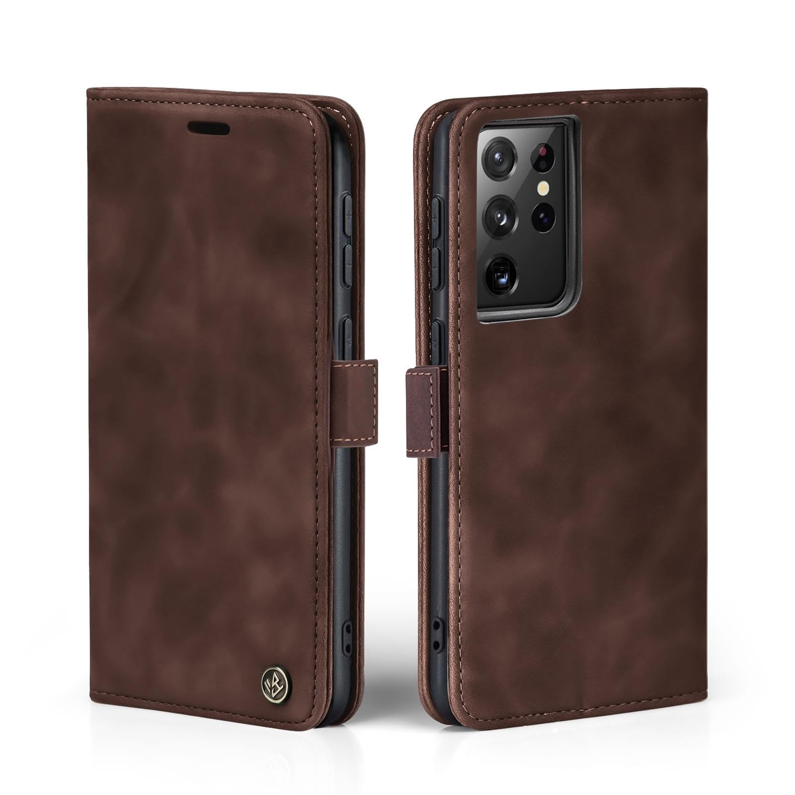 LBH Handyhülle für Samsung Galaxy S21 Ultra 5G – Dunkelbraun, Karten- und Geldfach, Standfunktion, Magnetverschluss, Vintage