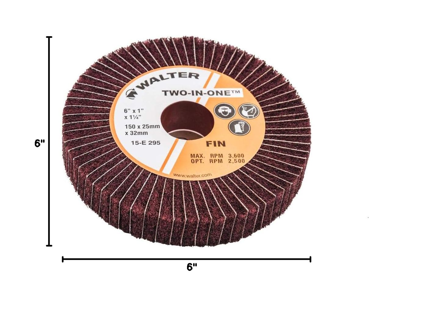Walter Two-in-One Abrasive Flap Wheel, Round Hole, Aluminum Oxide, 6" Diameter, 1" Face Width, Grit 180, 3600 Maximum RPM (Pack of 1)