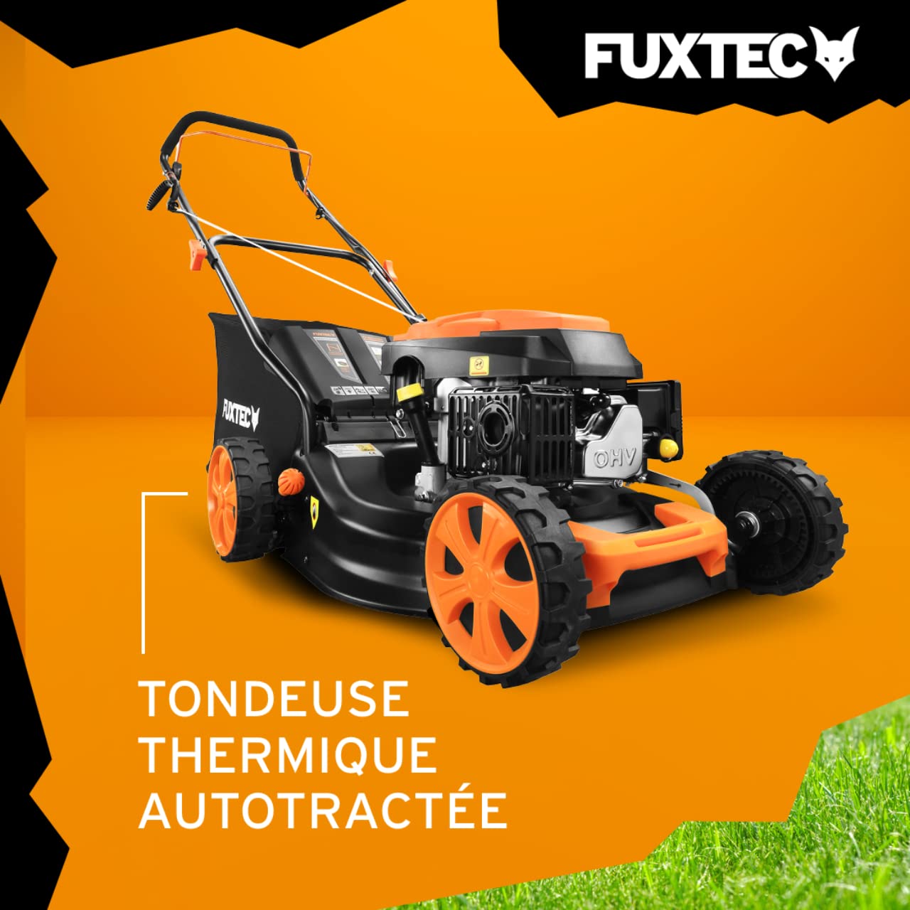 FUXTEC Tondeuse Thermique autotractée FX-RM4646 Easy Clean 4en1 Traction arrière Mulching Coupe 46cm capacité de ramassage 50L