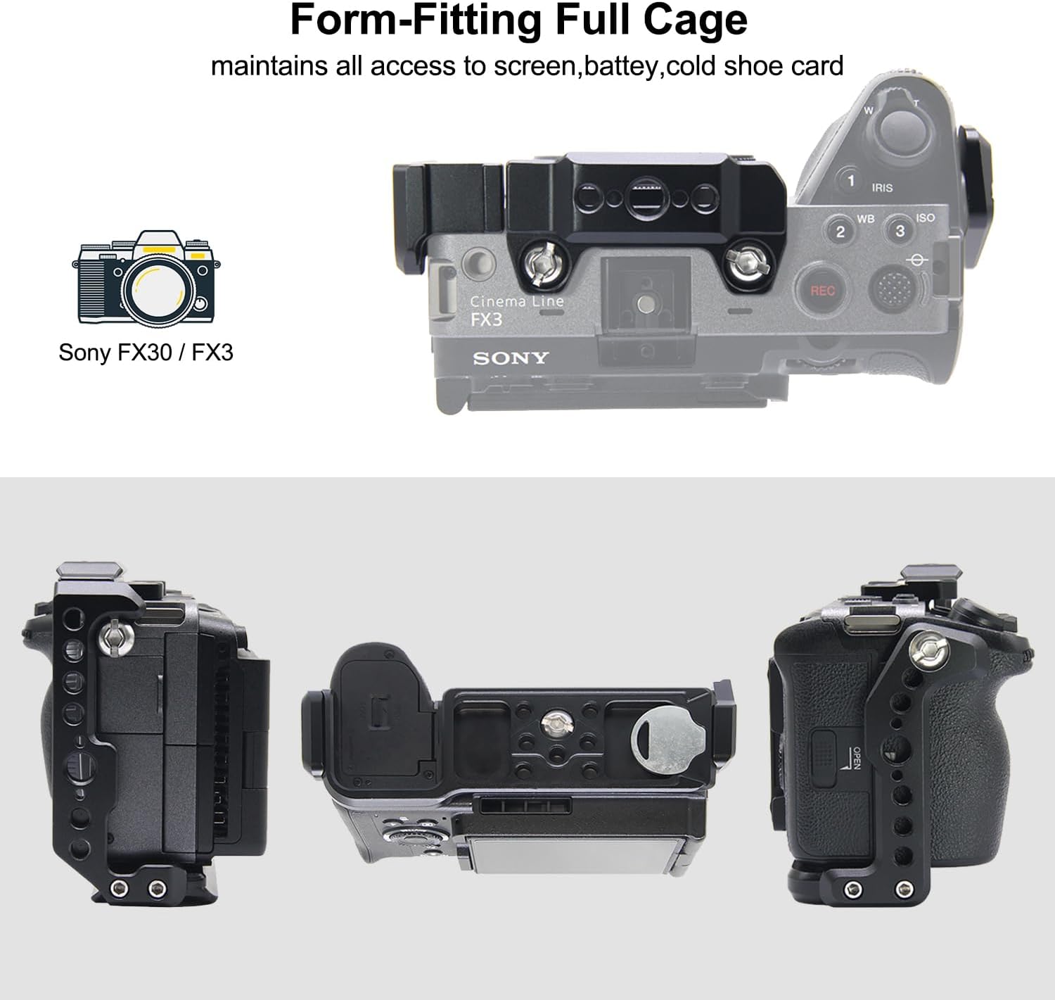 FX3/ FX30 Cage for Sony Camera with Removable NATO Rail -Cold Shoe-3/8 ARRI Locating Holes-1/4 Points Compatible with DJI RS2 RSC2 RS3 RS3pro Stabilizer -A001