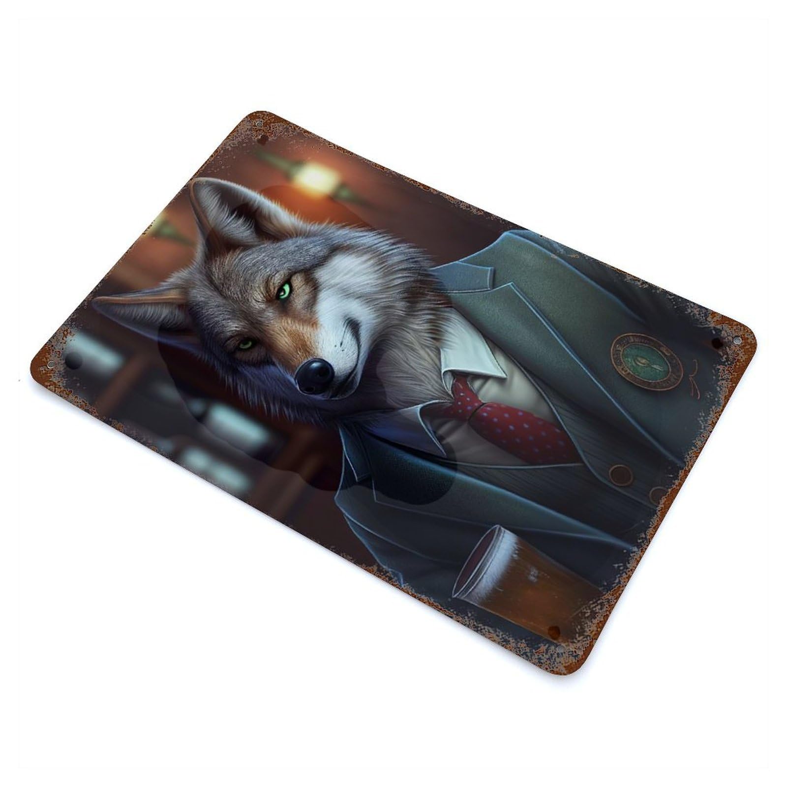 Wolf Barkeeper Suit Animal Decorative Tin Sign 11.8"x7.9", Ideal for Garage, Bar And Workshop Decor