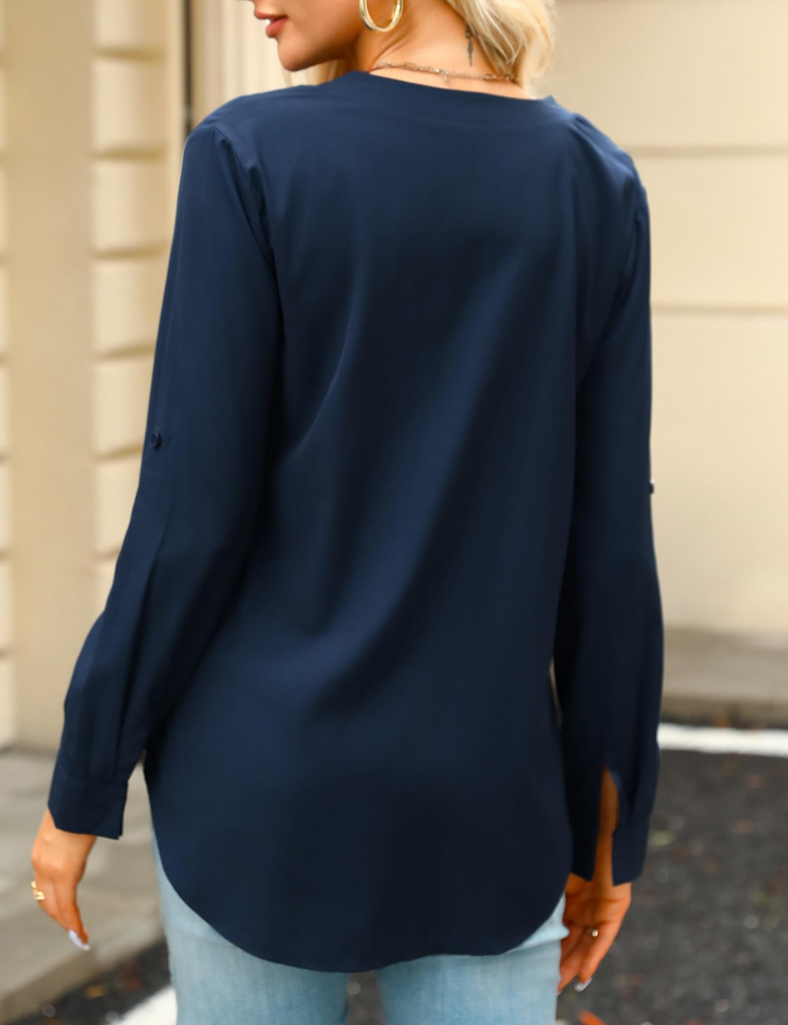 Aottori Camicetta Donna Elegante Camicia con Scollo a V Blusa a Maniche Lunghe Shirt con Bottoni Tinta Unita Tops Casual