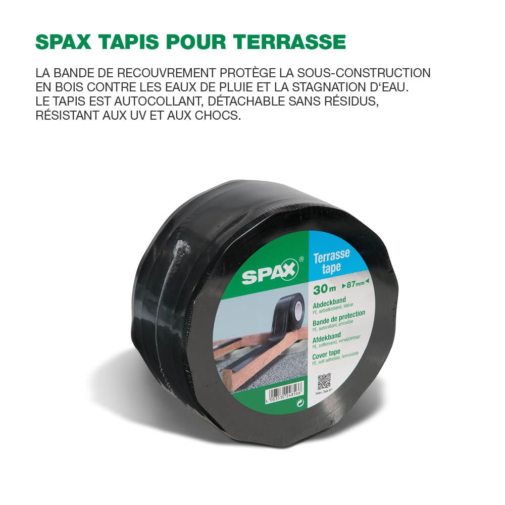 SPAX Équipement de base pour la construction de terrasse, kit de montage – Taille env. 10 m², vis de terrasse en acier inoxydable A2, entretoise, embouts, tapes, tampons et mètre ruban – 500009100039