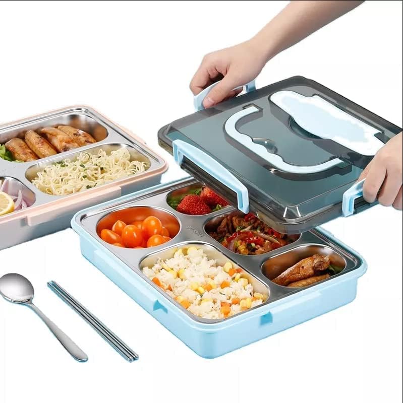 ORGANLY 5 Compartment Lunch Box Stainless Steel Tiffin Box for Boys, Girls, School & Office Men. (Multicolor) Pack of 1. (5 Compartment Lunch Box.)