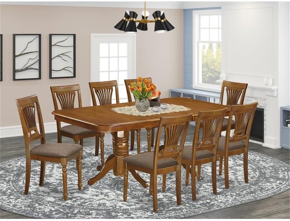Pemberly Row 9 Pc Dining Room Set for 8 People, Self Storage Butterfly Leaf Extendable Rectangle Dining Table with Pedestal Legs and 8 Upholstered Linen Fabric Dining Chairs, in Saddle Brown