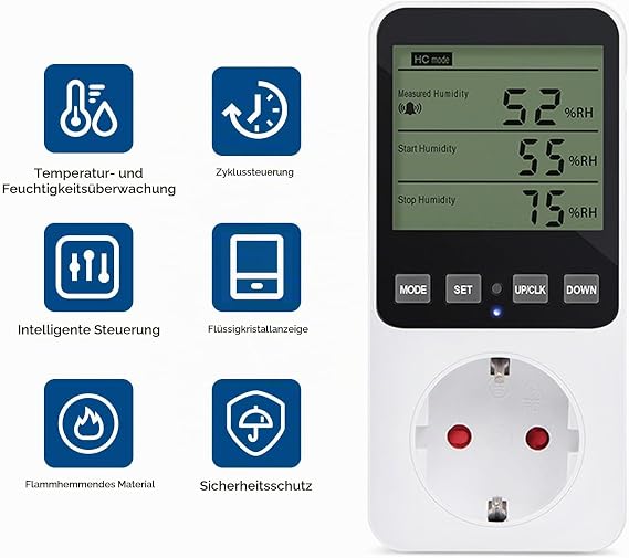 Humidity Regulator Temperature Controller Socket Digital Hygrostat Humidity Controller 16A 230V with Sensor Temperature Switch and Humidity Controller for Indoors Greenhouse Aquarium