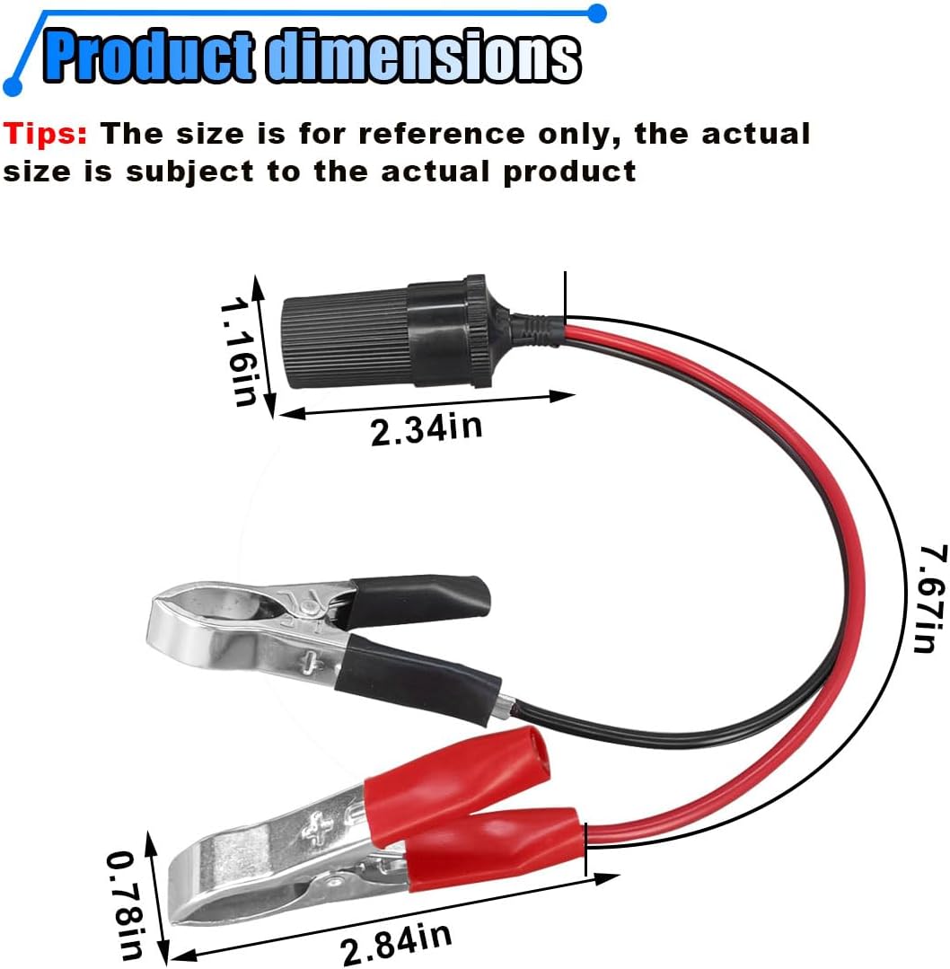 12 Inch Cigarette Lighter Extension Cord, 12V Car Battery Clamp-on Extension Charge Cable, Battery Alligator Clip to Female Cigarette Lighter Socket, Cigarette Splitter Plug Extension Socket