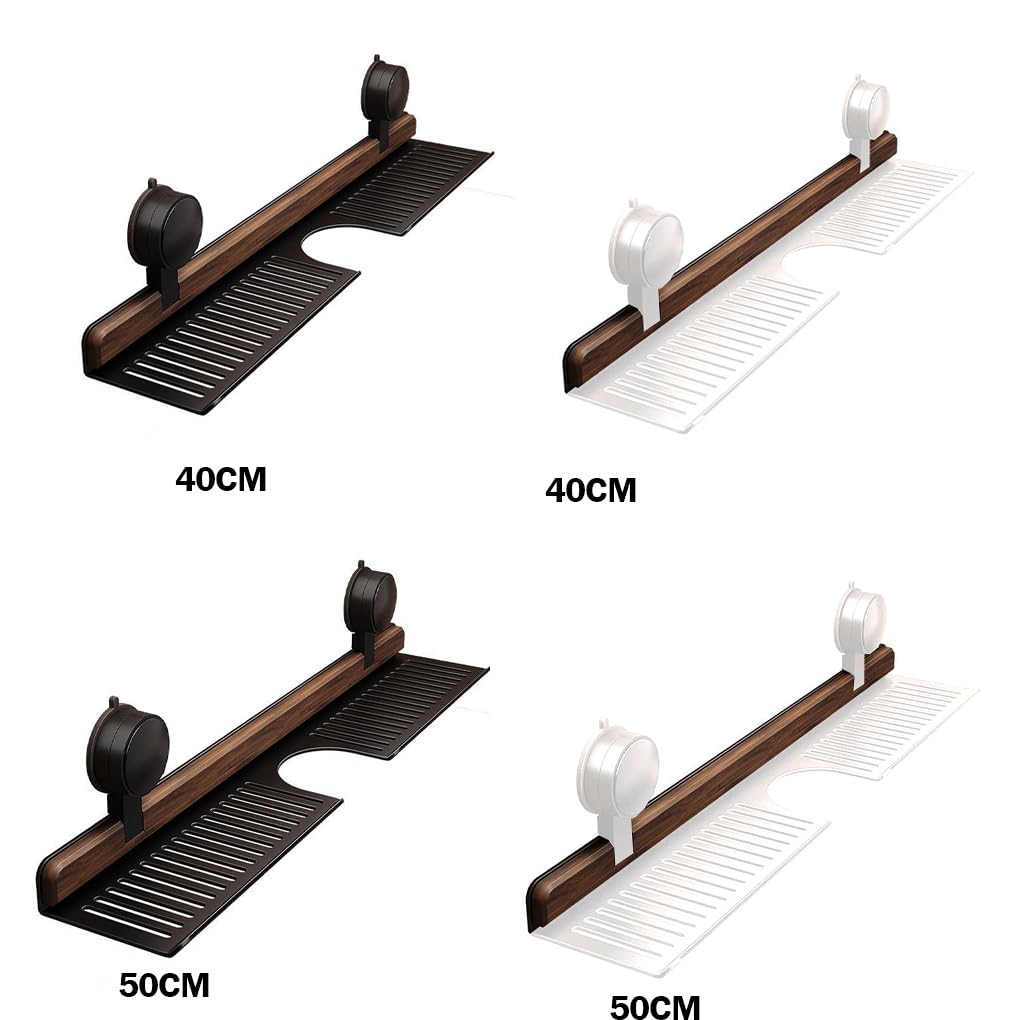 Estante con ventosa de nogal para baño, organizador de almacenamiento montado en la pared, ideal para fregadero y lavabo, organizador de baño de 50 cm, duradero y elegante soporte para grifo de agua