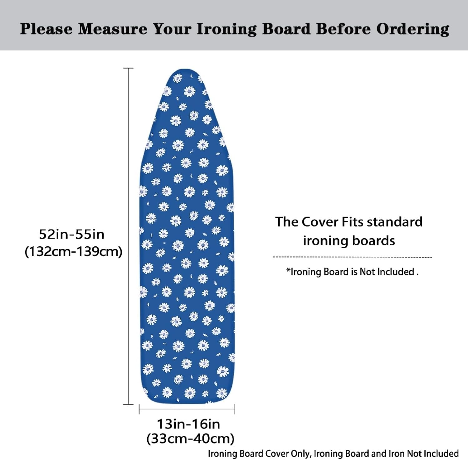 Flowers Ironing Board Cover,16"x55" Standard Ironing Board Cover with Elastic Edge and Hook and Loop Fasteners, Scorch & Stain Resistant, Polyester Home Ironing Board Covers, Light Flower Ink