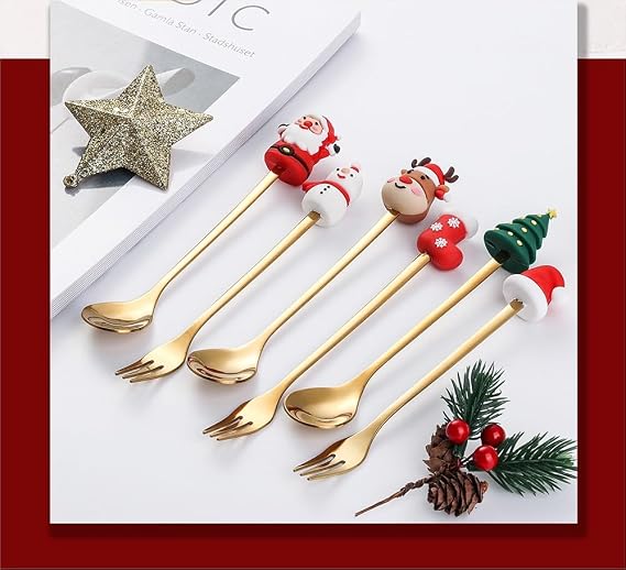 Christmas Spoon Stainless Steel Christmas Tree Tea Spoon for Home, Xmas Coffee Spoon Dinner Forks Dessert Spoon Stirring Spoon Ice Cream Spoon Creative Tableware Gift, Christmas Spoon 6-piece Gift Box