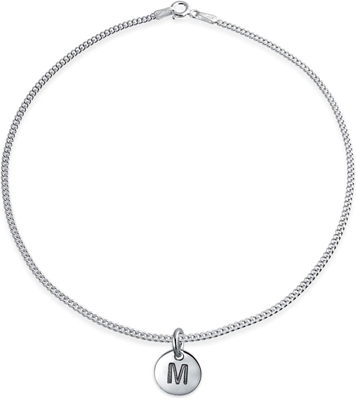 Personalized Tiny Minimalist Simple Dainty Name Dangle ABC Block Letter Ankle Bracelet Round Disc Alphabet A-Z Initial Anklet For Teen Women .925 Sterling Silver Adjustable 9-10 Inch