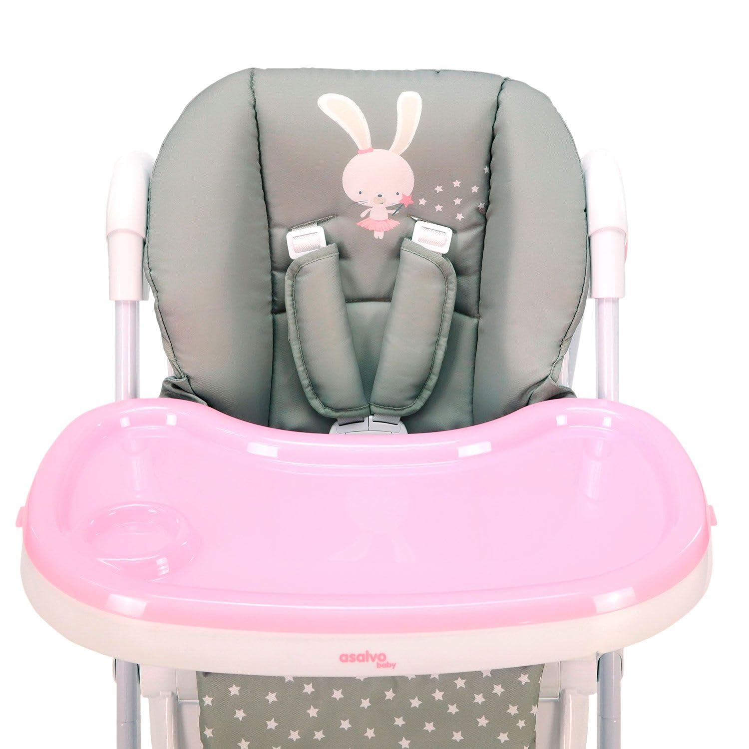 Trona CHEF con Ruedas para Bebé – Altura y Respaldo Reclinables, Bandeja Doble Extraíble, Arnés 5 Puntos, Plegado Compacto, Textil Lavable – Conejito Rosa Asalvo