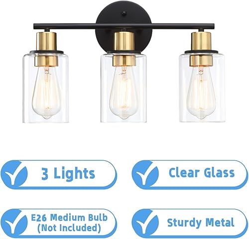 Miniatura 2 de Lámpara de tocador de 3 luces negra y dorada sobre el espejo, lámparas de pared de baño con pantalla de vidrio transparente que incluye base mediana