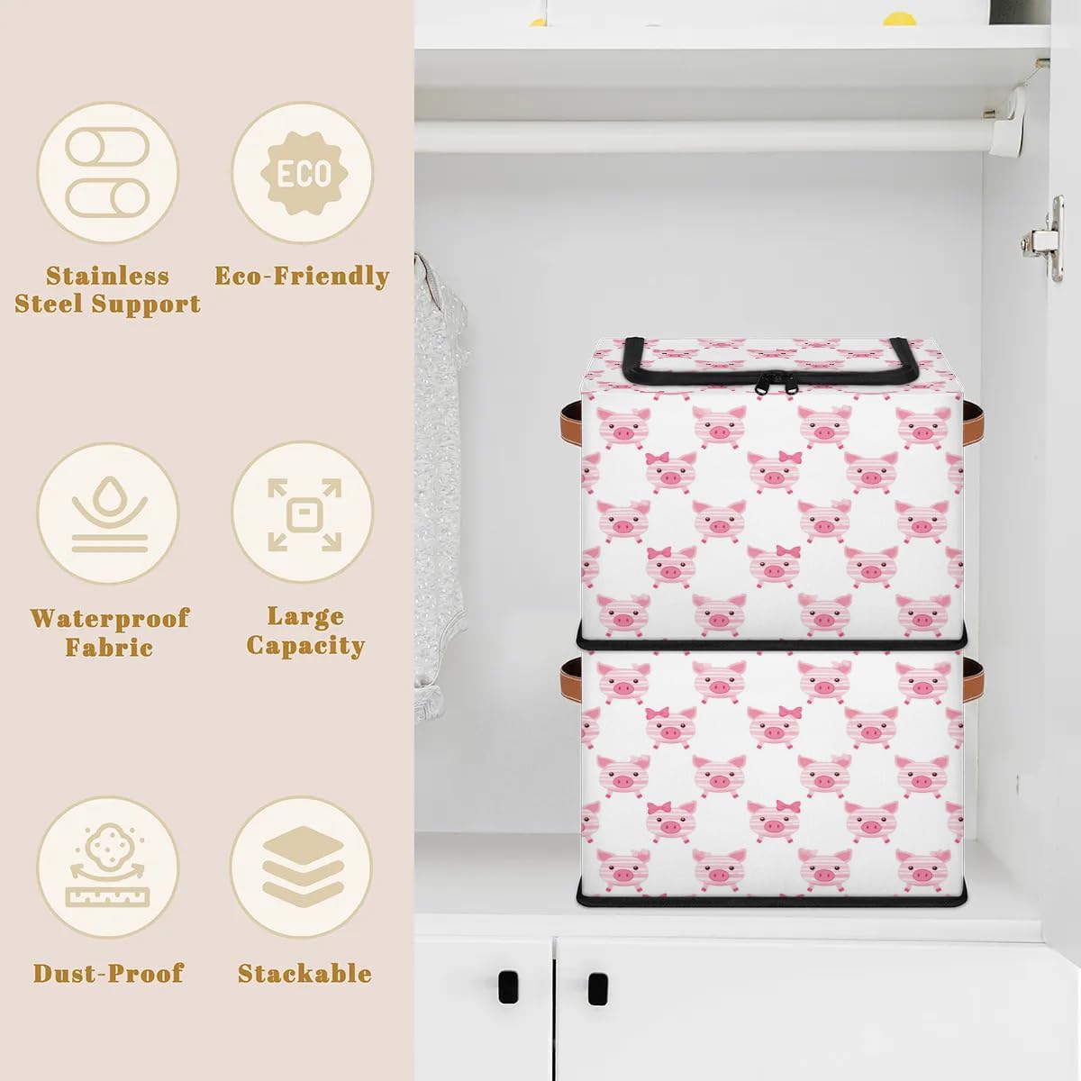 Cute Cartoon Pig Storage Box with Lid and Handles Foldable Cloth Storage Basket Bin Bags for Shelves Closet Shelf Toys Clothes Bed Sheets Organizer 2 Pack