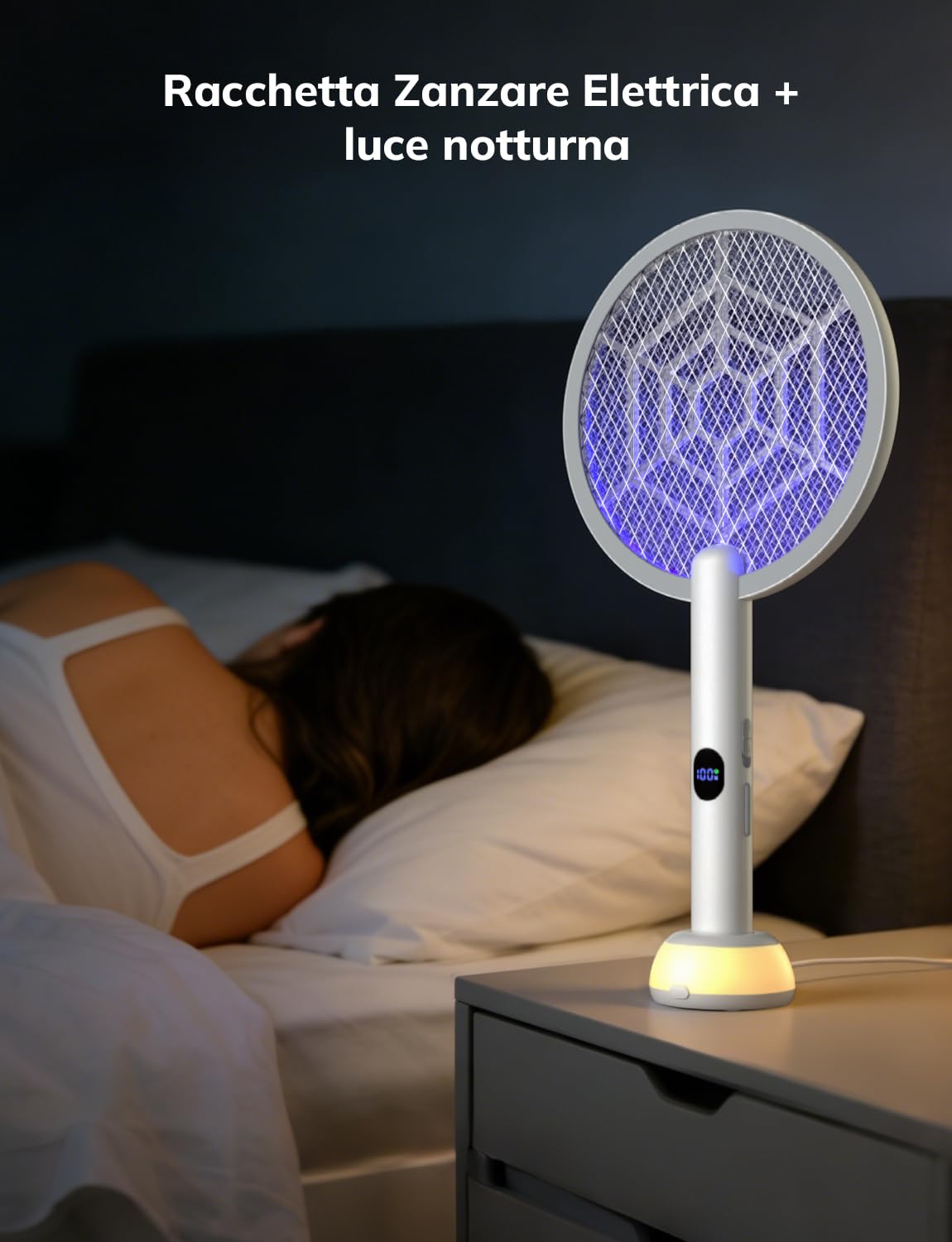 YISSVIC 2 Racchetta Zanzare Elettrica 4000V 1800mAh 2-in-1 Ricaricabile Via USB-C, con Luce UV, Base di Ricarica e Due modalità di Luce Notturna – Bianco