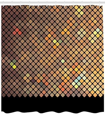 Ambesonne Earth Tones Shower Curtain, Vibrant Mosaic Of Diagonal Squares A Black Finish Celebration Event Theme, Cloth Fabric Bathroom Decor Set With Hooks, 69" W X 70" L, Cocoa Ecru Black #TOP25