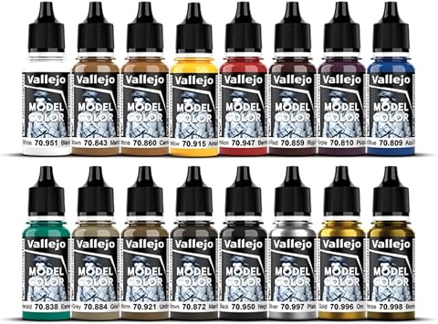 Vallejo Model Color Set, 16 Acrylic Paints for Miniatures, Matte Finish, 18 ml Bottles with Dropper, Includes Color Chart for Modeling and Dioramas