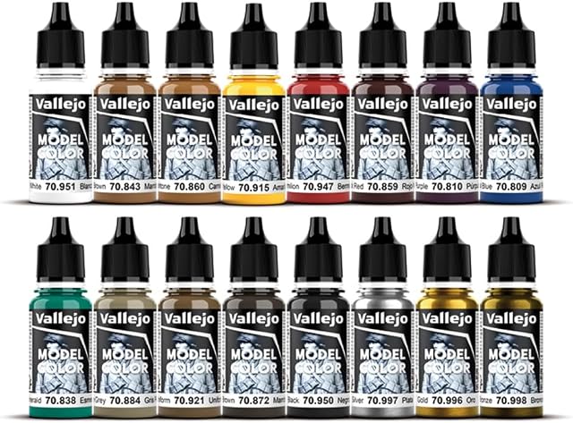 Vallejo Model Color Set, 16 Acrylic Paints for Miniatures, Matte Finish, 18 ml Bottles with Dropper, Includes Color Chart for Modeling and Dioramas