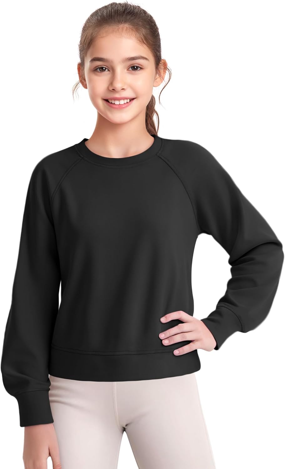 JOCMIC Girls Crewneck Sweatshirt, Long Sleeve Plain Shirts Crop Tops with Thumbholes for Teens Youth - Image 2